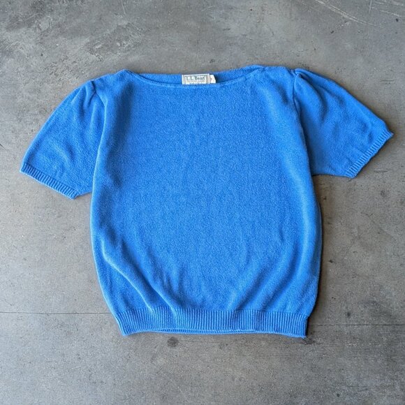 Vintage LL Bean Blue Short Sleeve Puff Sleeve Cotton Knit Top medium - Picture 1 of 6